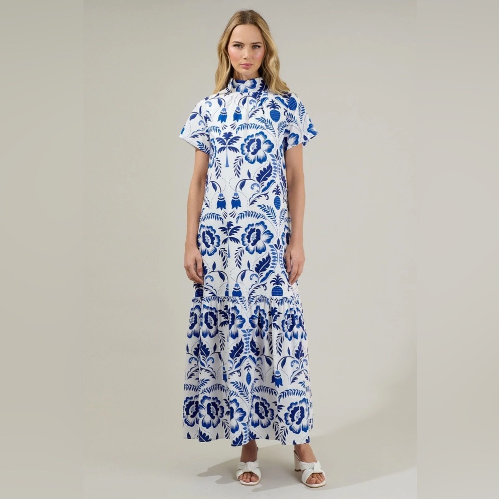 Sugarlips White and Blue Floral Maxi Dress
